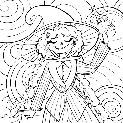 Whimsical skeleton woman in striped suit and hat with swirling patterns by Carol Rempto