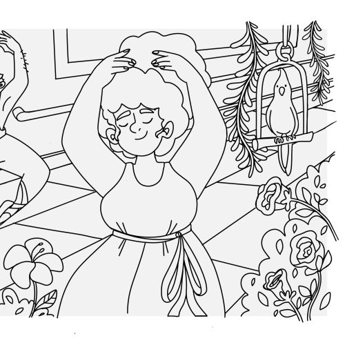 Line drawing of two women dancing indoors surrounded by plants and flowers by Carol Rempto