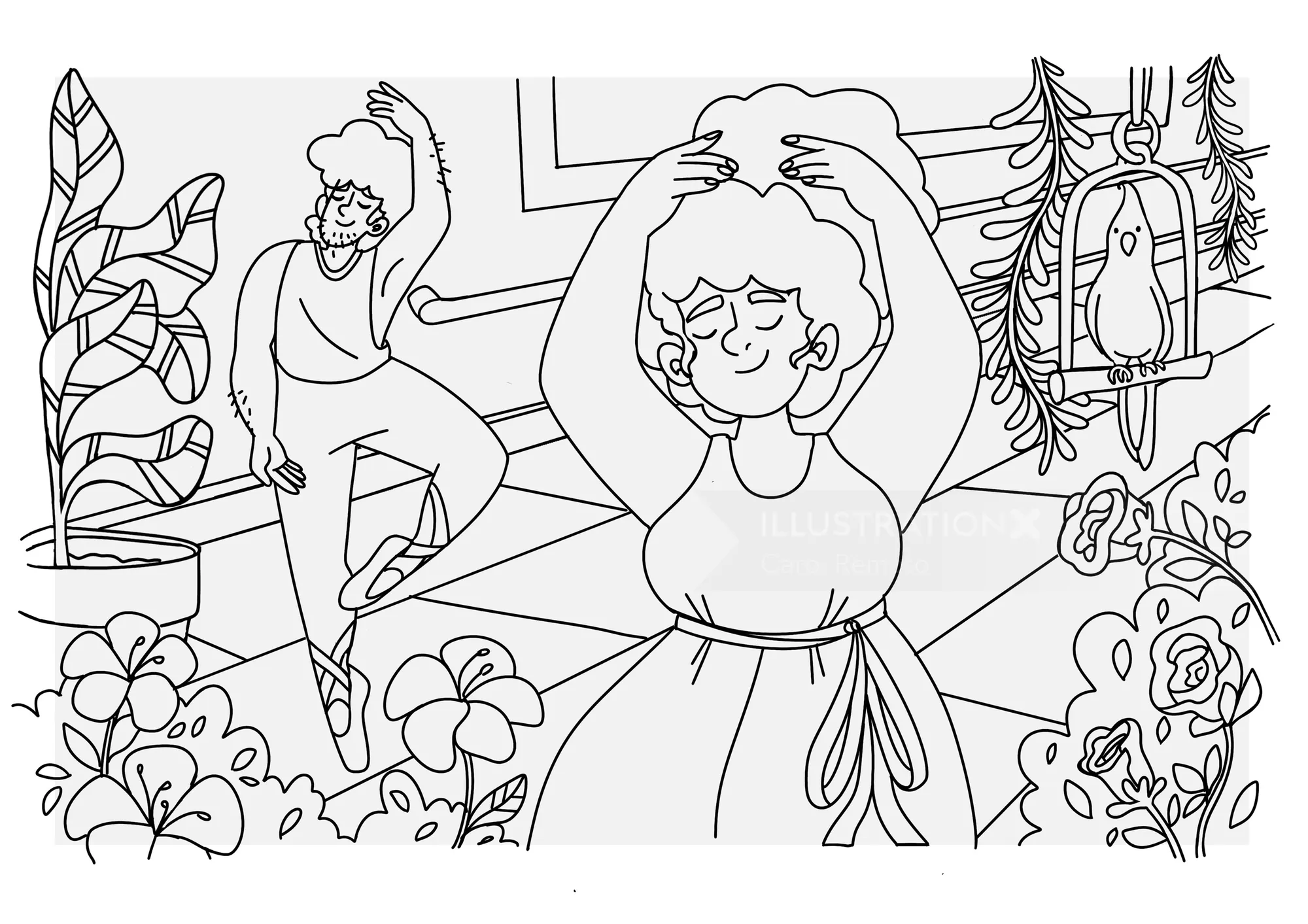 Line drawing of two women dancing indoors surrounded by plants and flowers by Carol Rempto