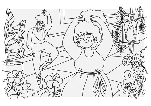Line drawing of two women dancing indoors surrounded by plants and flowers by Carol Rempto