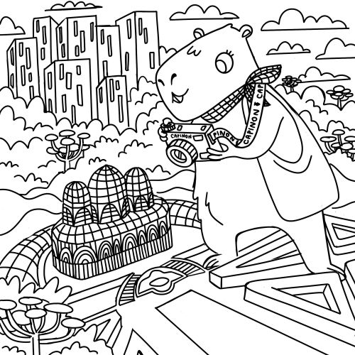 Illustration of a giant hamster holding camera with city background by Carol Rempto