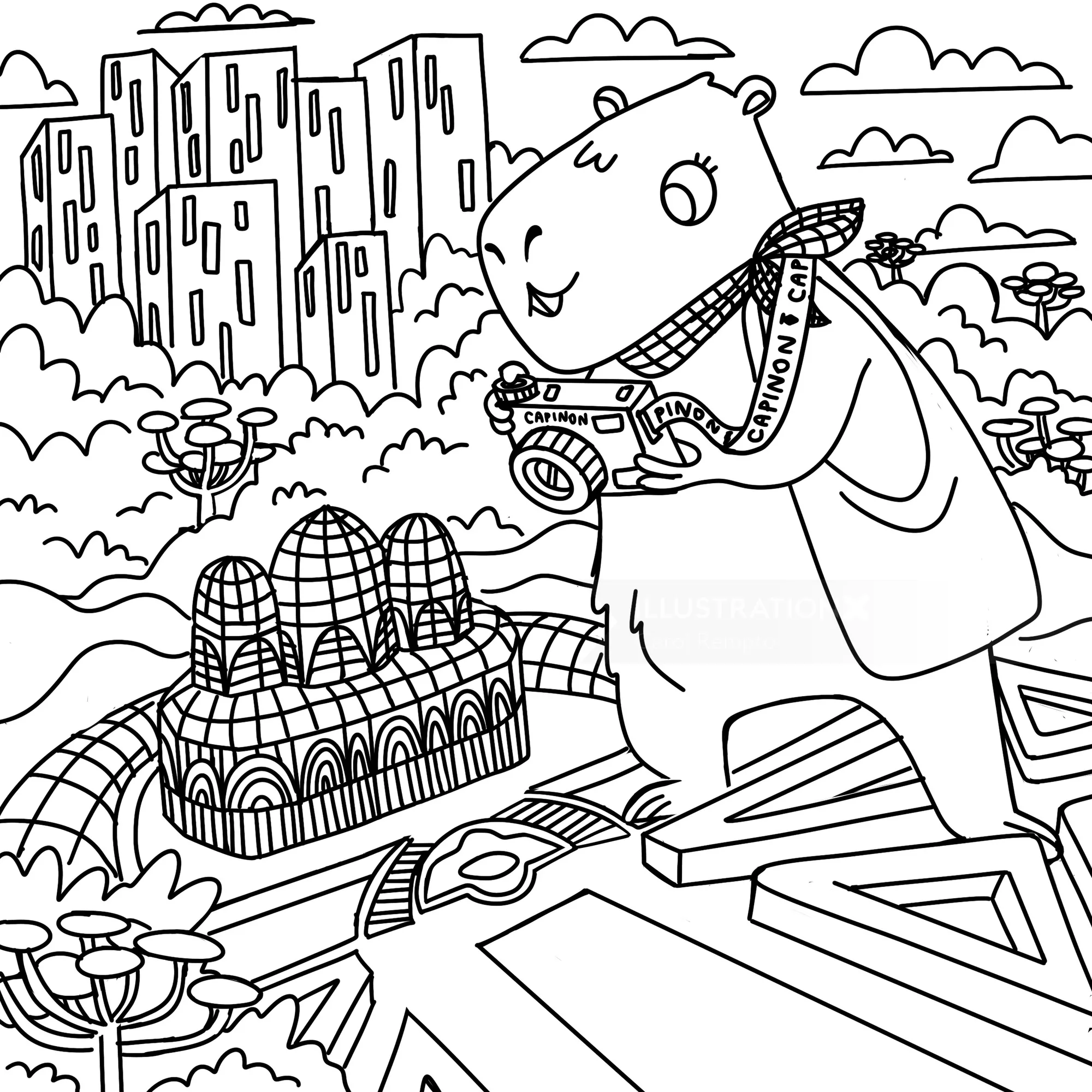 Illustration of a giant hamster holding camera with city background by Carol Rempto