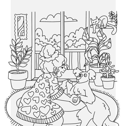 Girl playing with dog inside room with plants by Carol Rempto