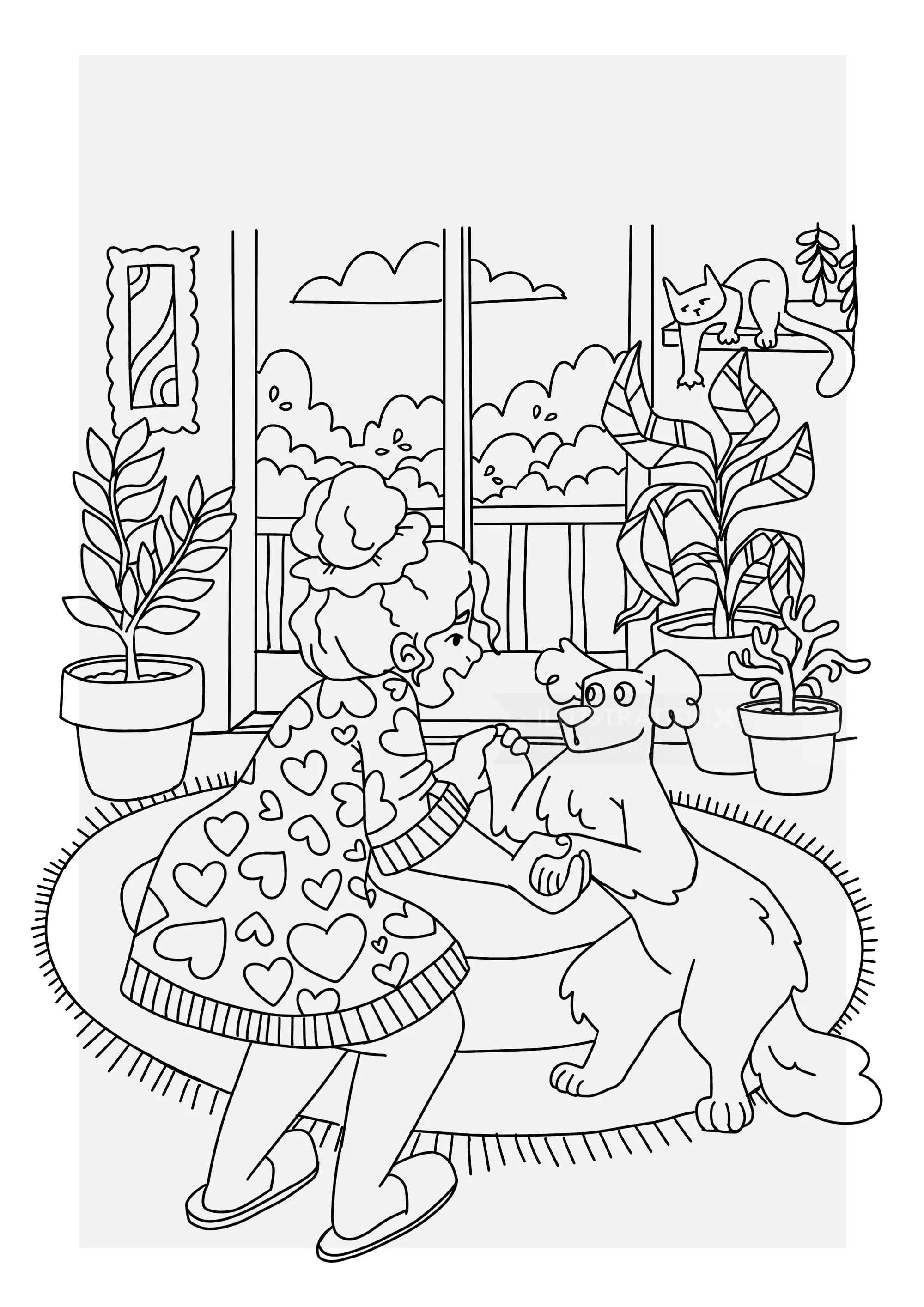 Girl playing with dog inside room with plants by Carol Rempto