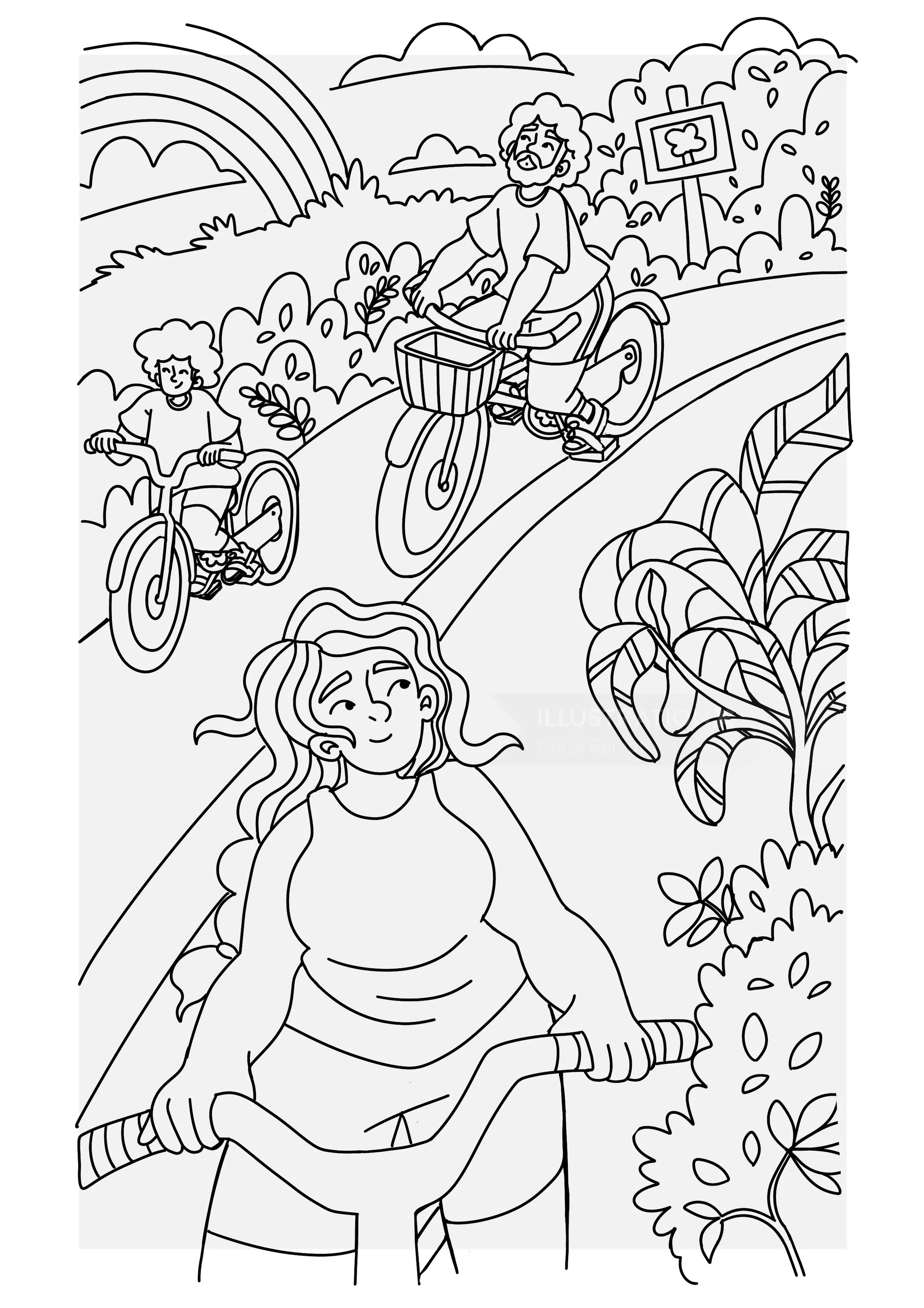 Three people biking on a curved path with trees and hills, by Carol Rempto