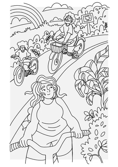 Three people biking on a curved path with trees and hills, by Carol Rempto