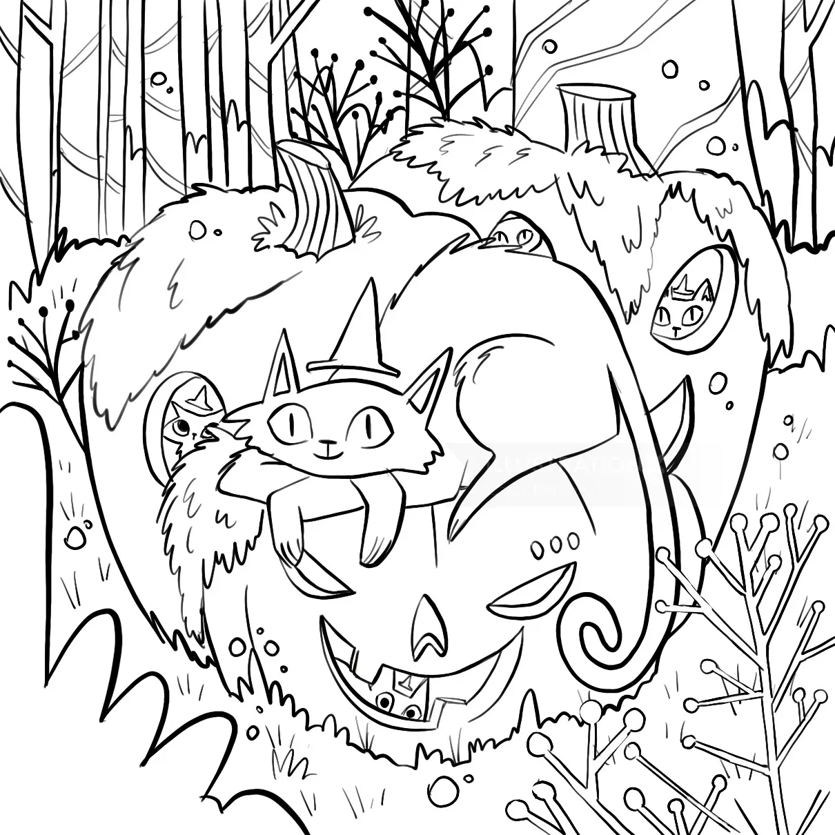 Cat wearing witch hat on carved pumpkin in forest drawing by Carol Rempto