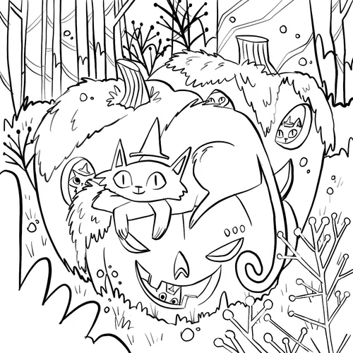 Cat wearing witch hat on carved pumpkin in forest drawing by Carol Rempto