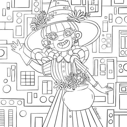 Line drawing of a girl with button eyes and flowers by Carol Rempto