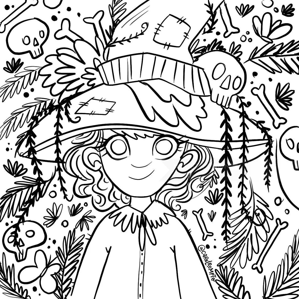 Line art of a smiling witch with skulls and bones by Carol Rempto