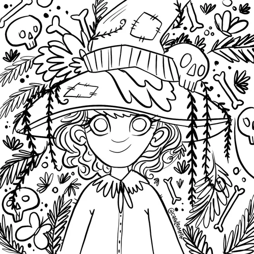 Line art of a smiling witch with skulls and bones by Carol Rempto