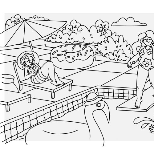 Line drawing of pool scene with diver, lounger, and inflatable flamingo by Carol Rempto