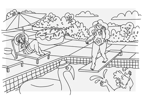 Line drawing of pool scene with diver, lounger, and inflatable flamingo by Carol Rempto