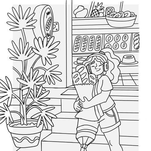 Line drawing of girl with prosthetic leg carrying bread bag by Carol Rempto