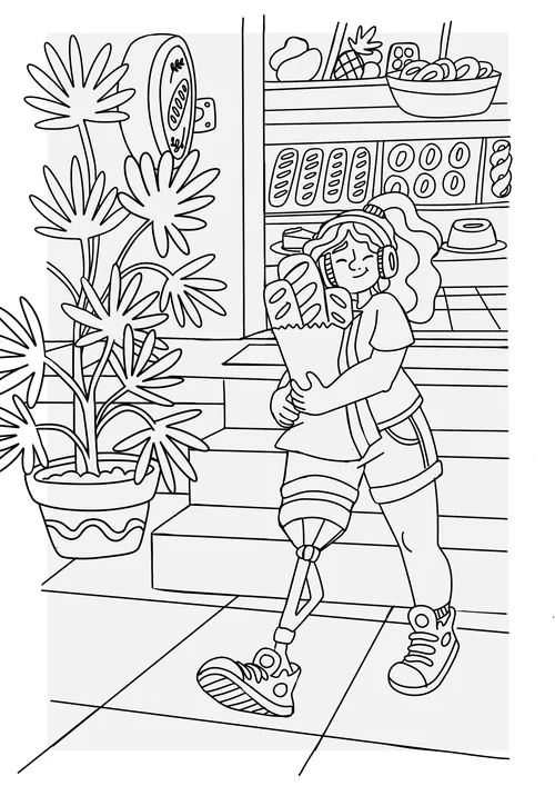 Line drawing of girl with prosthetic leg carrying bread bag by Carol Rempto