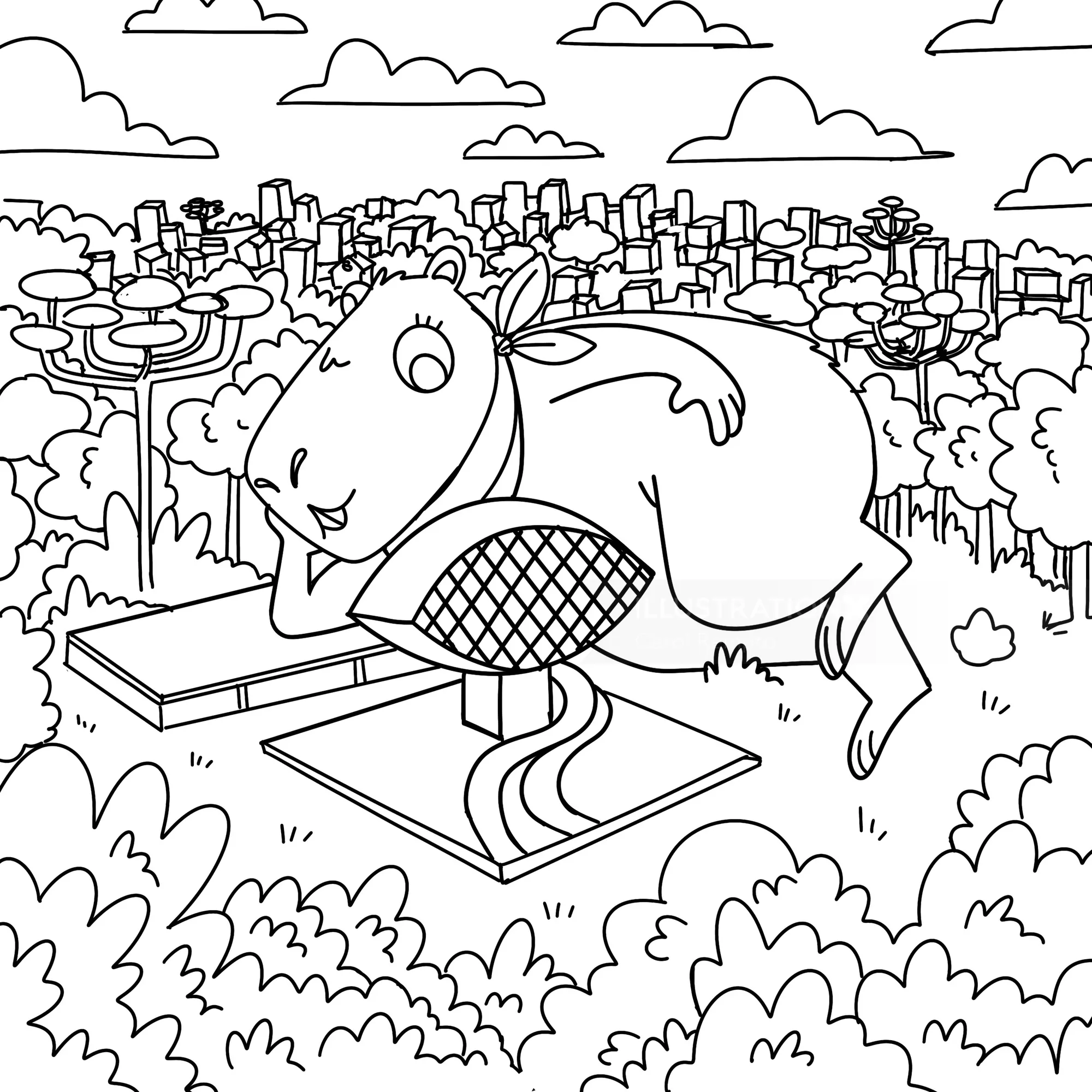 Cartoon cow relaxing on a playground structure in a city park by Carol Rempto