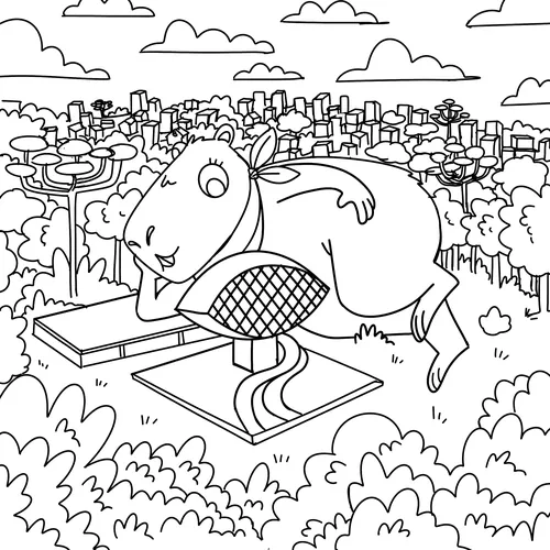 Cartoon cow relaxing on a playground structure in a city park by Carol Rempto