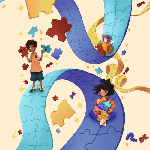 Children playing with large puzzle pieces in a colorful whimsical scene by Carol Rempto