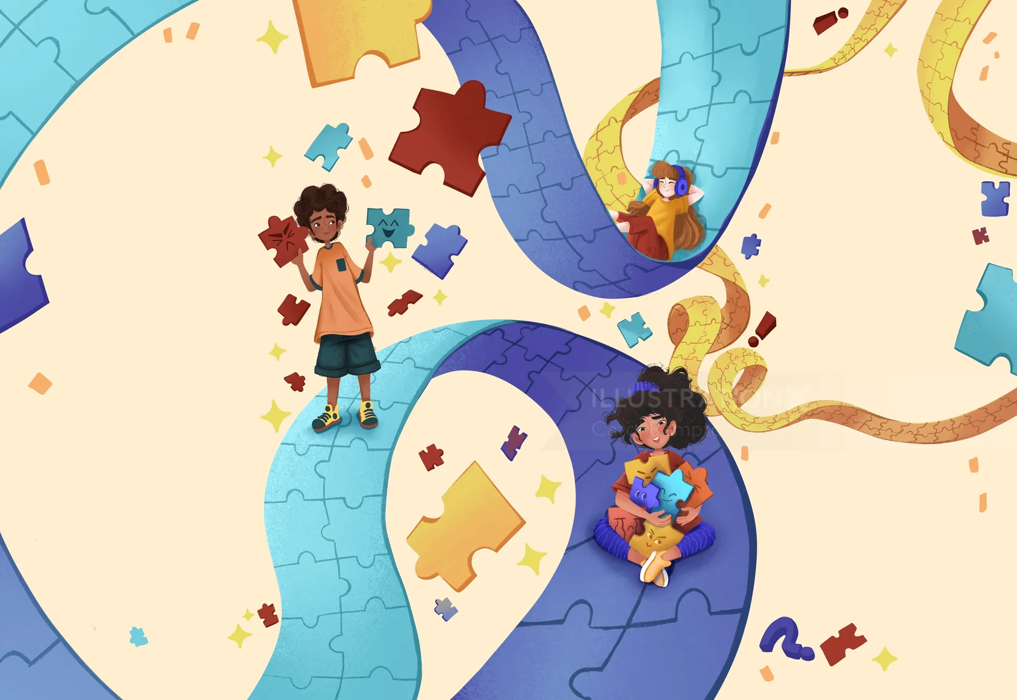 Children playing with large puzzle pieces in a colorful whimsical scene by Carol Rempto