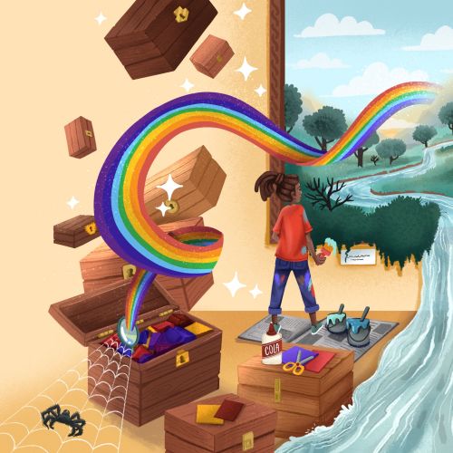 Girl exploring a rainbow waterfall and river in a surreal forest scene by Carol Rempto