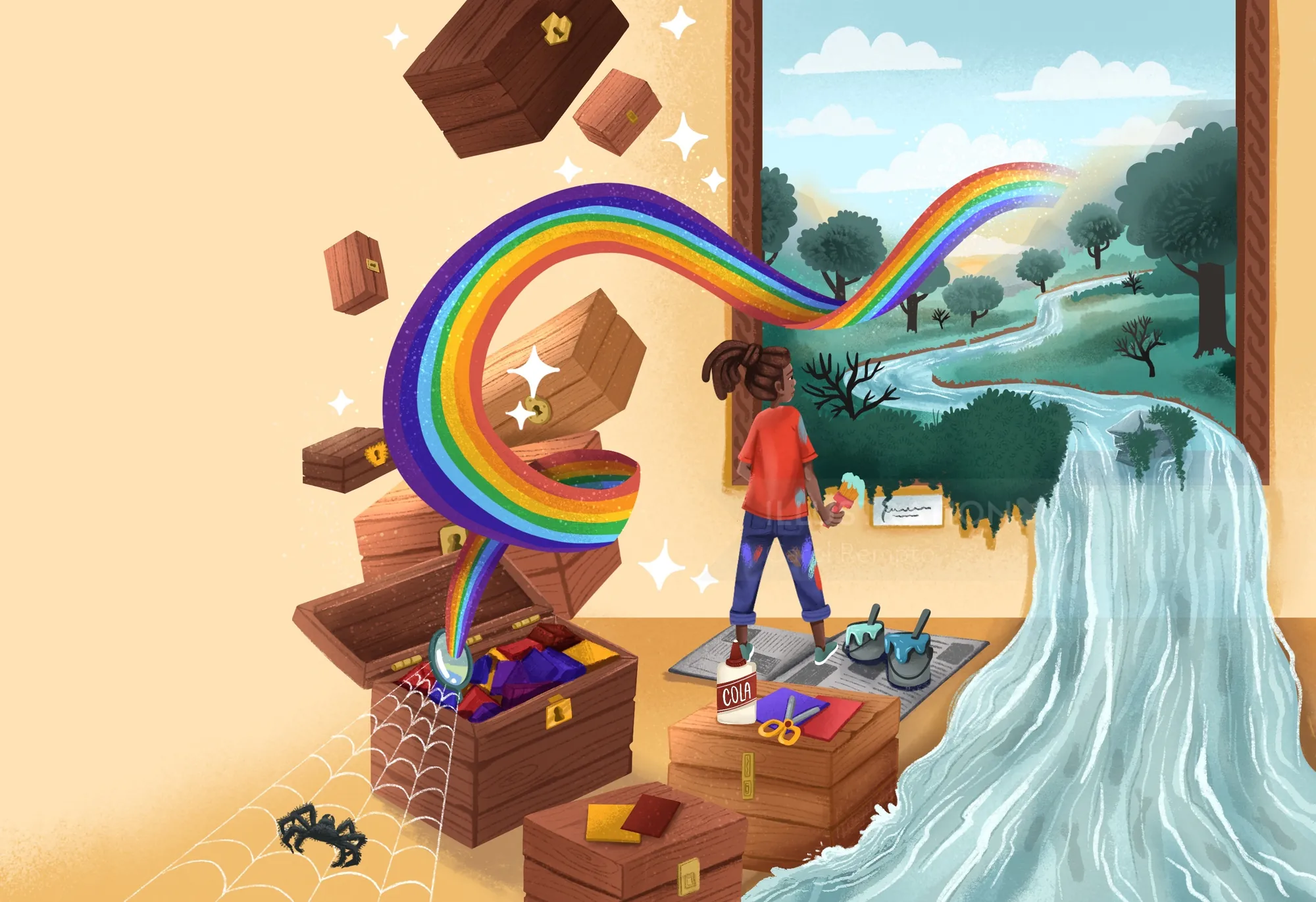 Girl exploring a rainbow waterfall and river in a surreal forest scene by Carol Rempto