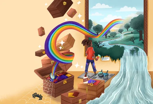 Girl exploring a rainbow waterfall and river in a surreal forest scene by Carol Rempto