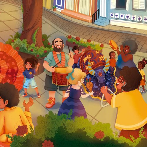 Diverse group dancing and playing music at a street festival by Carol Rempto