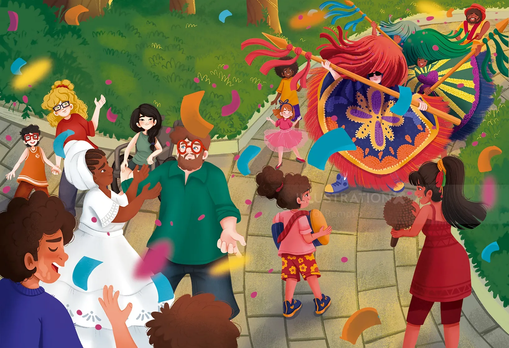 Outdoor celebration with diverse people dancing and colorful confetti by Carol Rempto