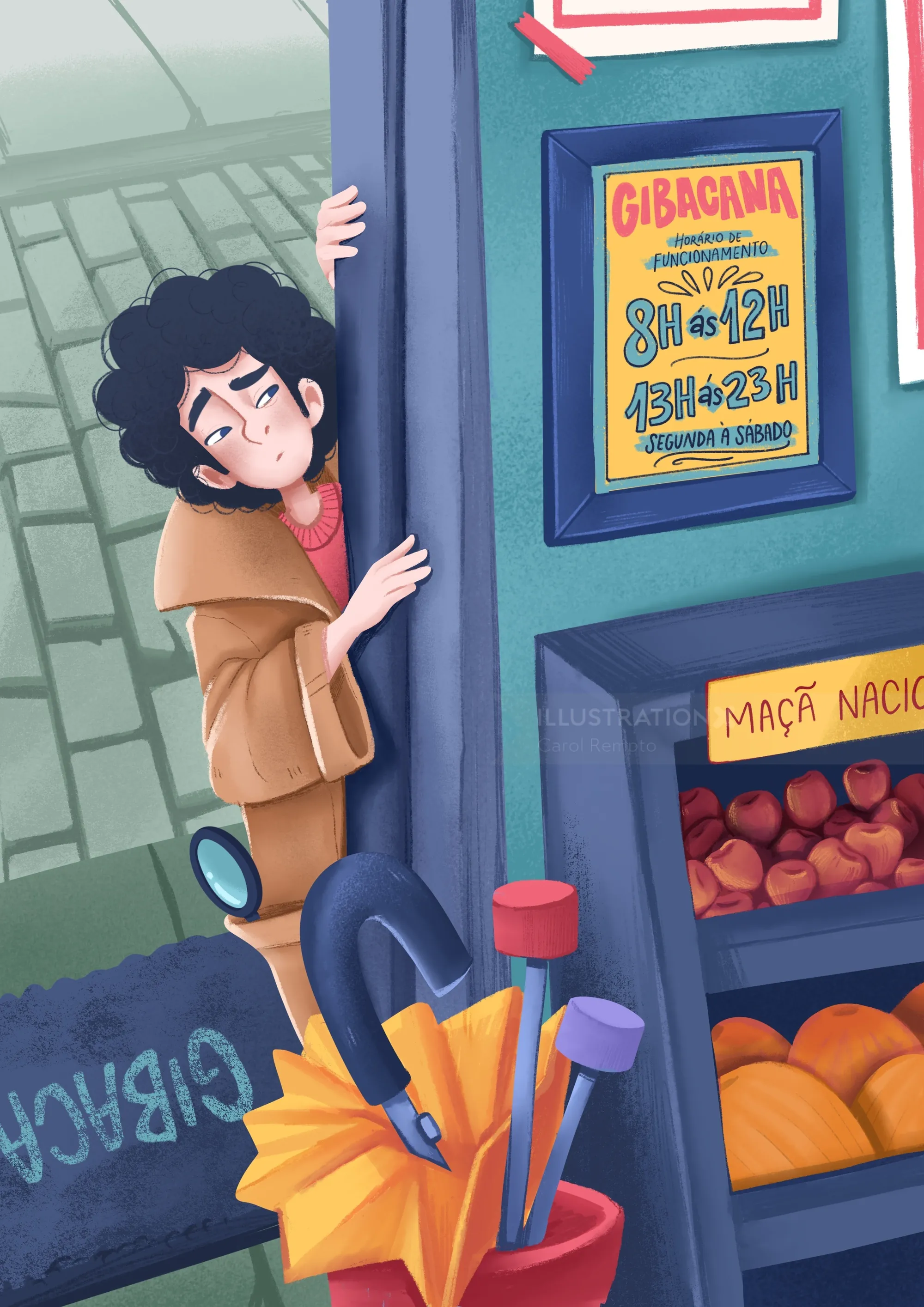 Carol Rempto illustration of a child peeking into a local market