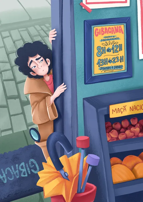 Carol Rempto illustration of a child peeking into a local market