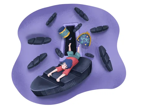 Carol Rempto illustration of two figures reclining on a dark form amid floating shapes