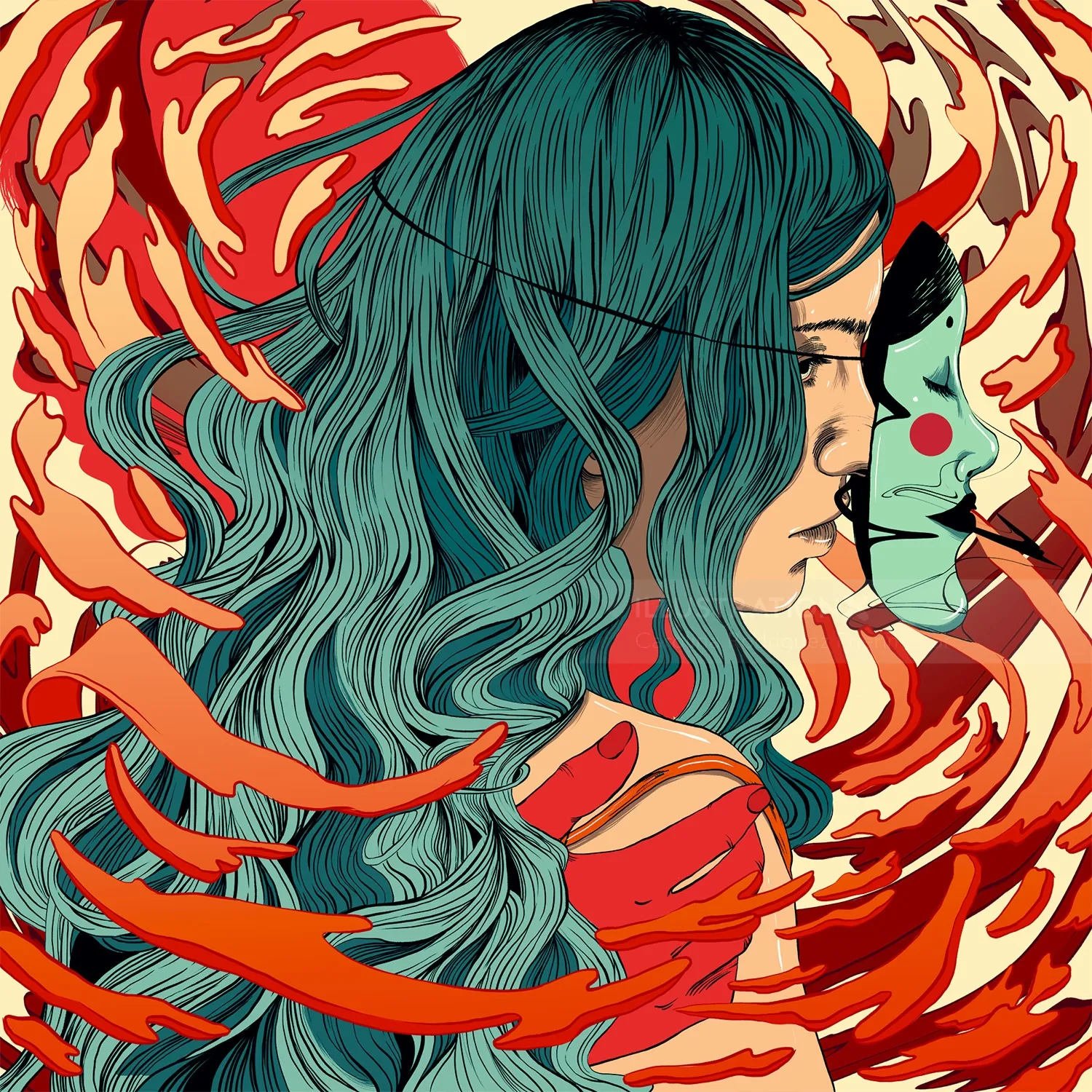Graphic girl with happy face mask