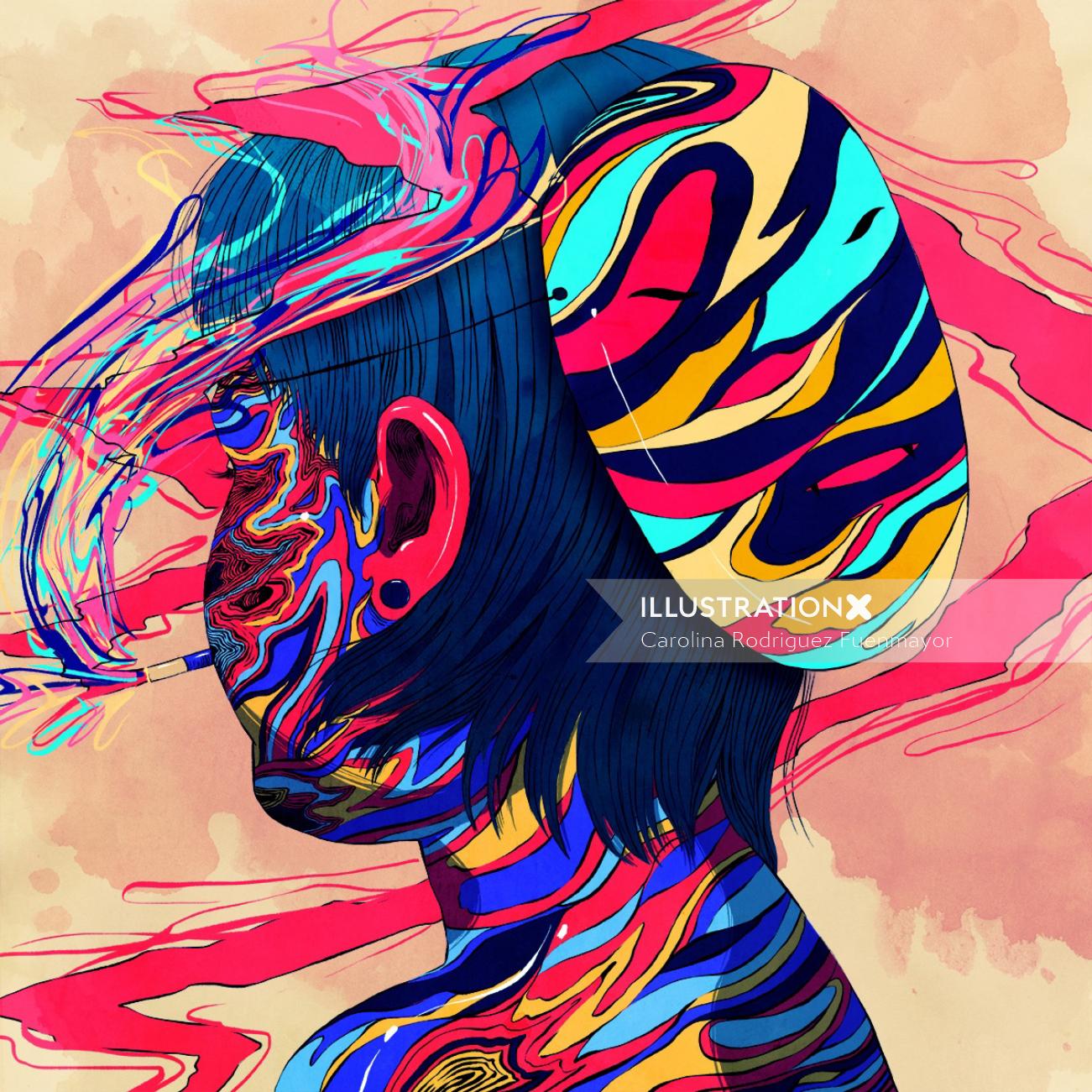 Digital colorful illustration of girl head