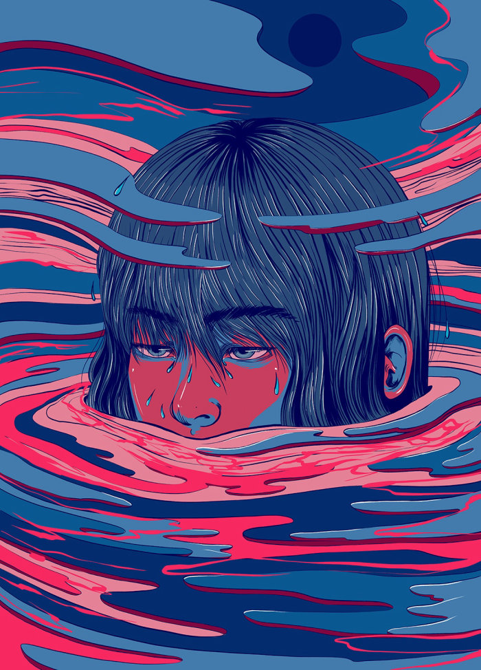 Ilustração de rosto de menina chorando por Carolina Rodriguez Fuenmayorfce