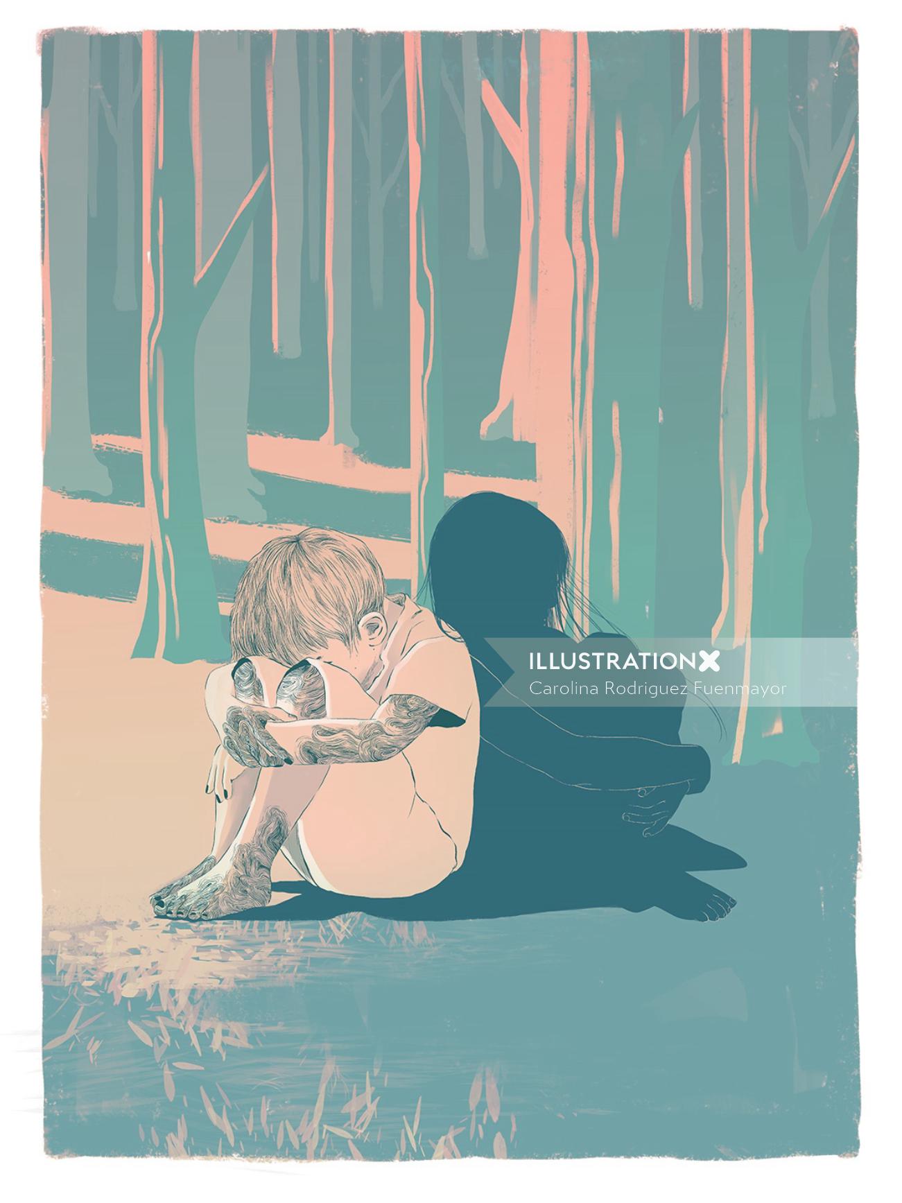 Illustration of lonely boy