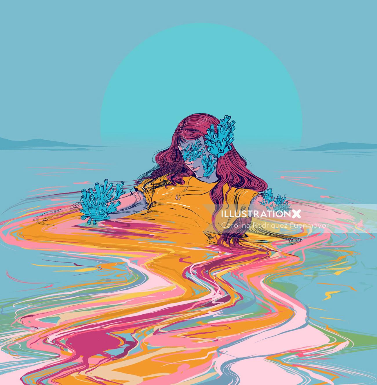 Graphic Girl colors in water
