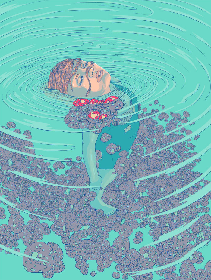 Drown girl lying on pool