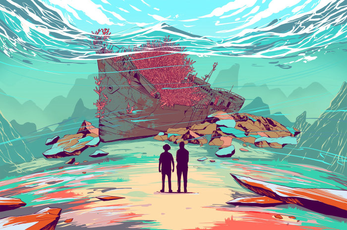 Graphic People staring at wrecked ship