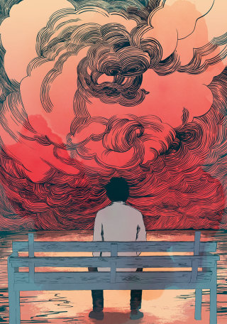 图形男子坐在红云下