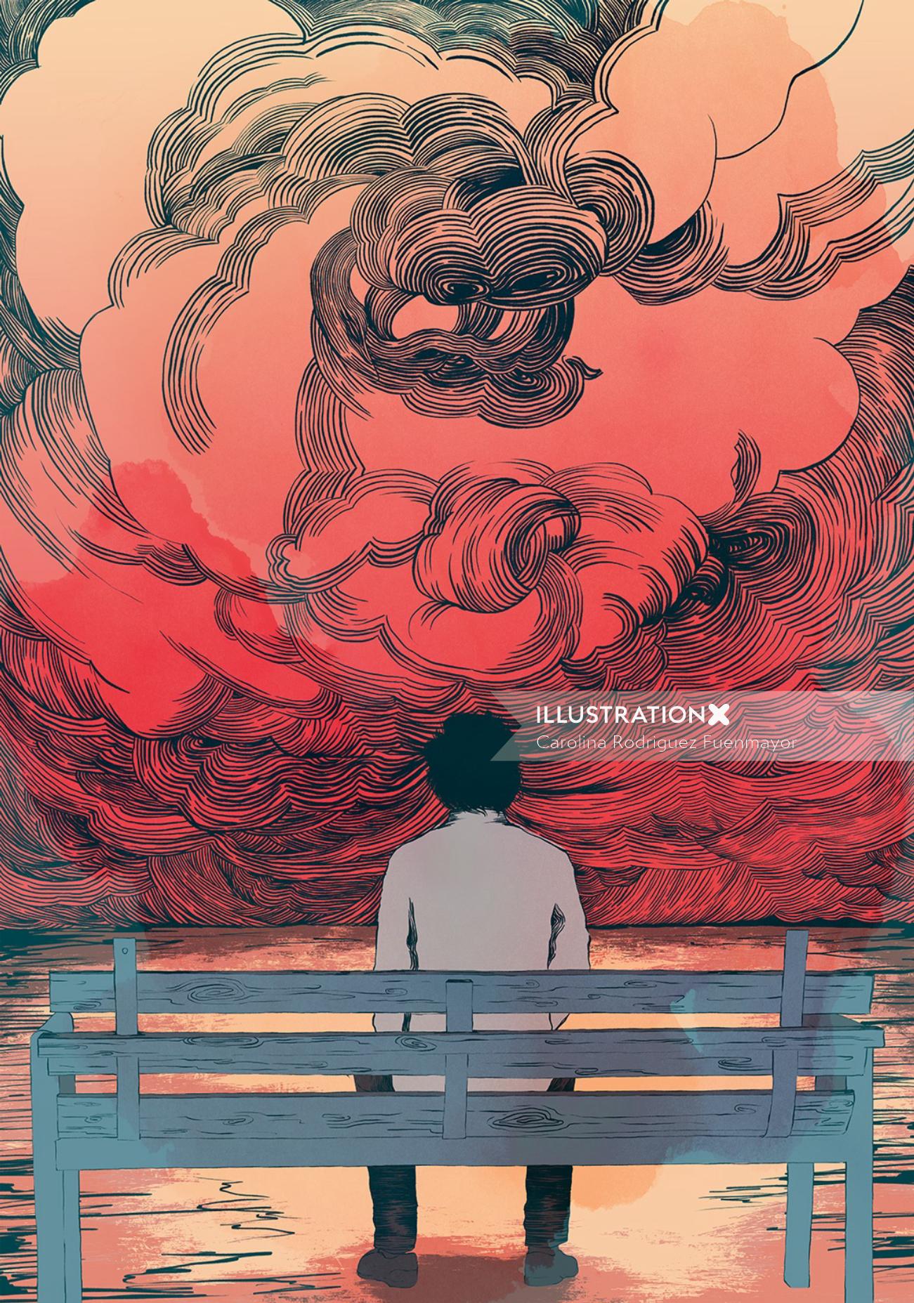 Graphic Man sitting under red clouds