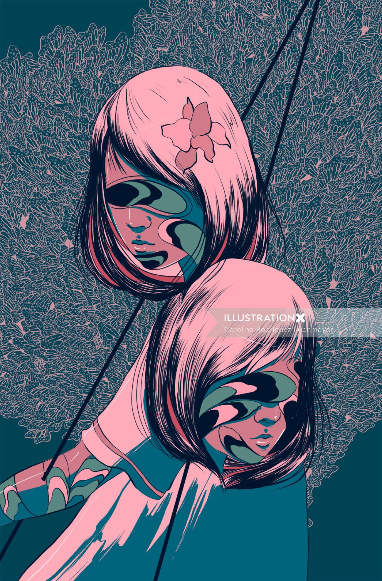 Graphic twins decorated face