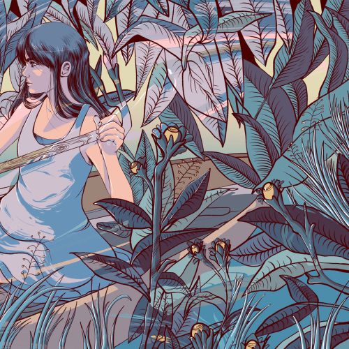 Woman sitting on tree branch in lush tropical garden by Carolina Rodriguez Fuenmayor