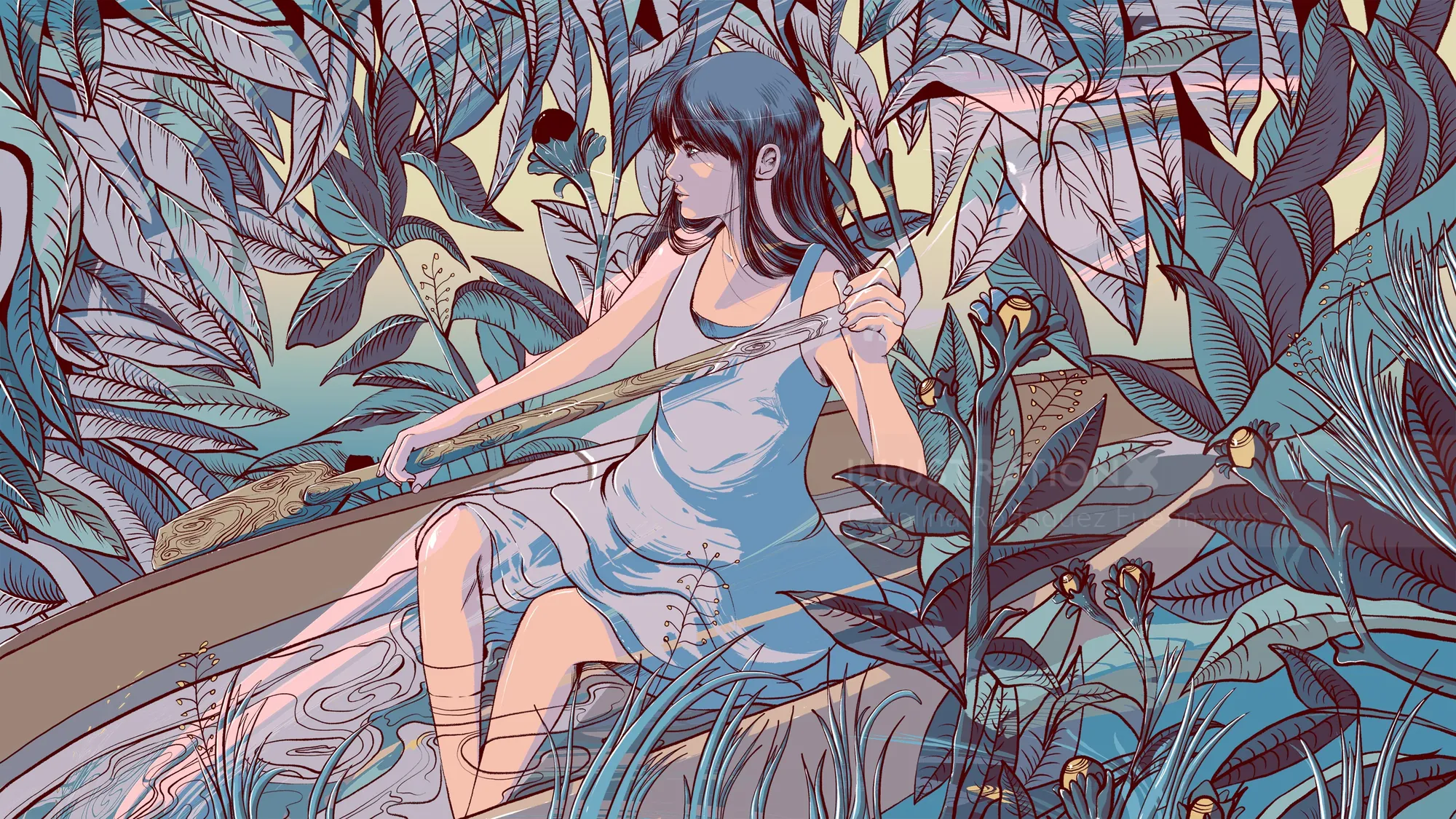 Woman sitting on tree branch in lush tropical garden by Carolina Rodriguez Fuenmayor
