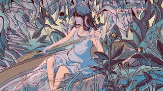 Woman sitting on tree branch in lush tropical garden by Carolina Rodriguez Fuenmayor