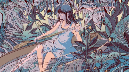 Woman sitting on tree branch in lush tropical garden by Carolina Rodriguez Fuenmayor