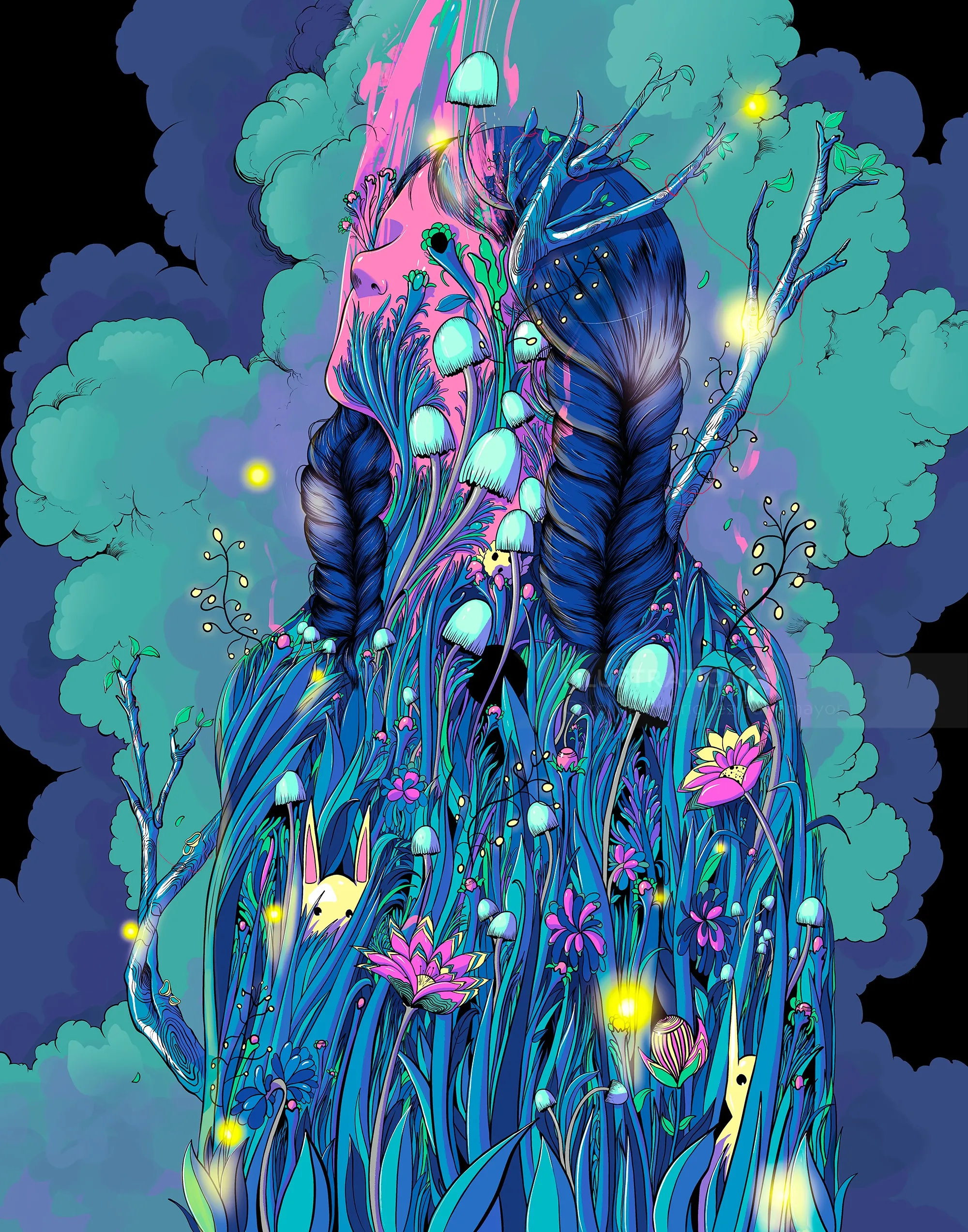 Surreal figure with glowing plants and flowers, artwork by Carolina Rodriguez Fuenmayor