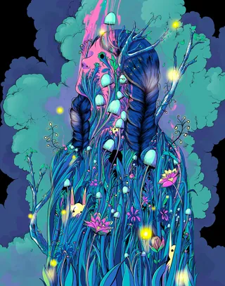 Surreal figure with glowing plants and flowers, artwork by Carolina Rodriguez Fuenmayor