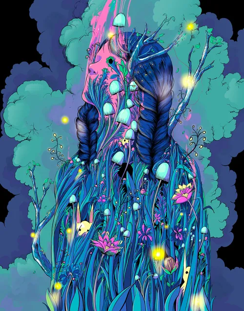 Surreal figure with glowing plants and flowers, artwork by Carolina Rodriguez Fuenmayor