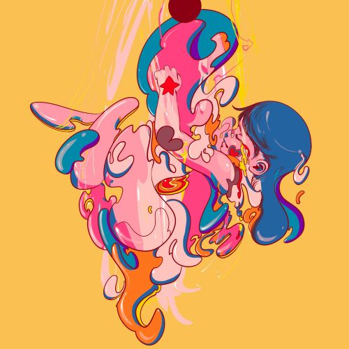 Abstract colorful human face with bright pinks and blues by Carolina Rodriguez Fuenmayor