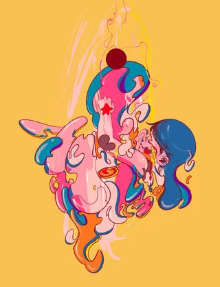 Abstract colorful human face with bright pinks and blues by Carolina Rodriguez Fuenmayor